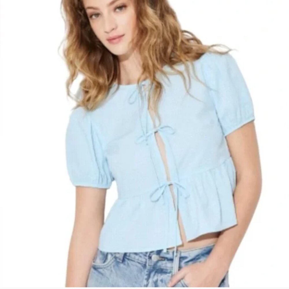 Wild Fable Women's Puff Sleeve Tie-Front Peplum Blouse Aqua Blue - Size M